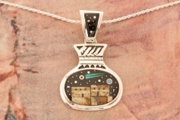 New Design! Calvin Begay Starry Night in the Pueblo Sterling Silver Navajo Pendant